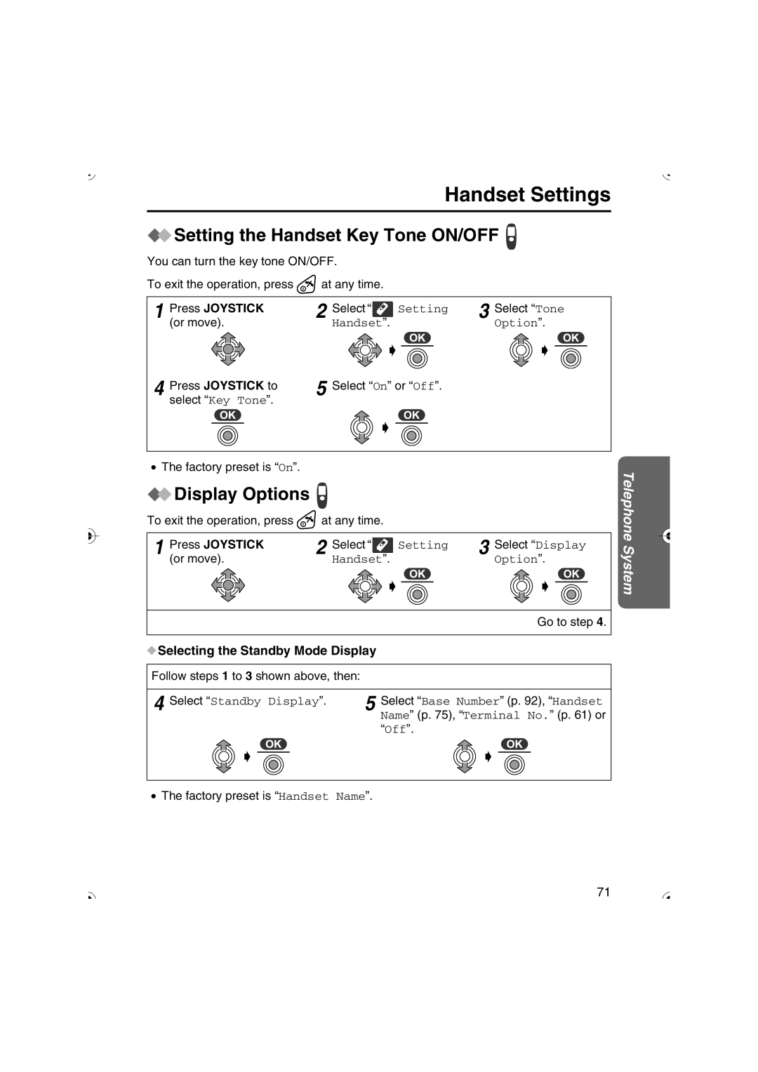 Panasonic KX-TCD535HK operating instructions Setting the Handset Key Tone ON/OFF, Display Options, Press Joystick to 