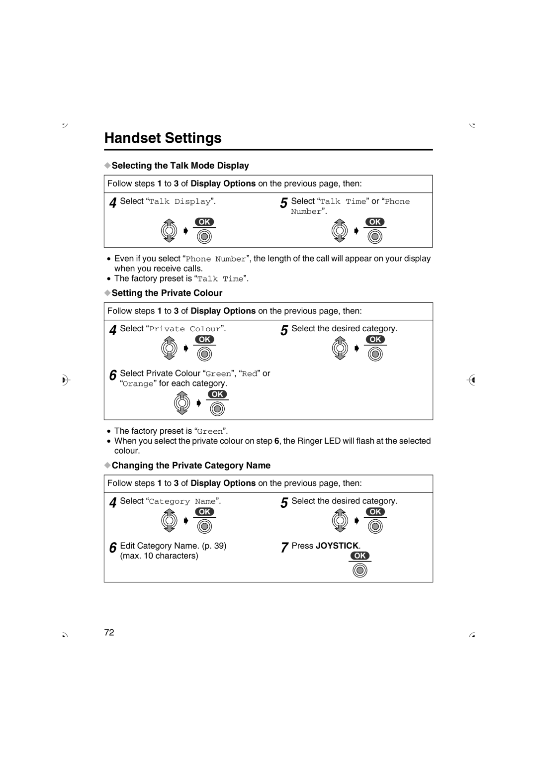 Panasonic KX-TCD535HK Selecting the Talk Mode Display, Setting the Private Colour, Changing the Private Category Name 