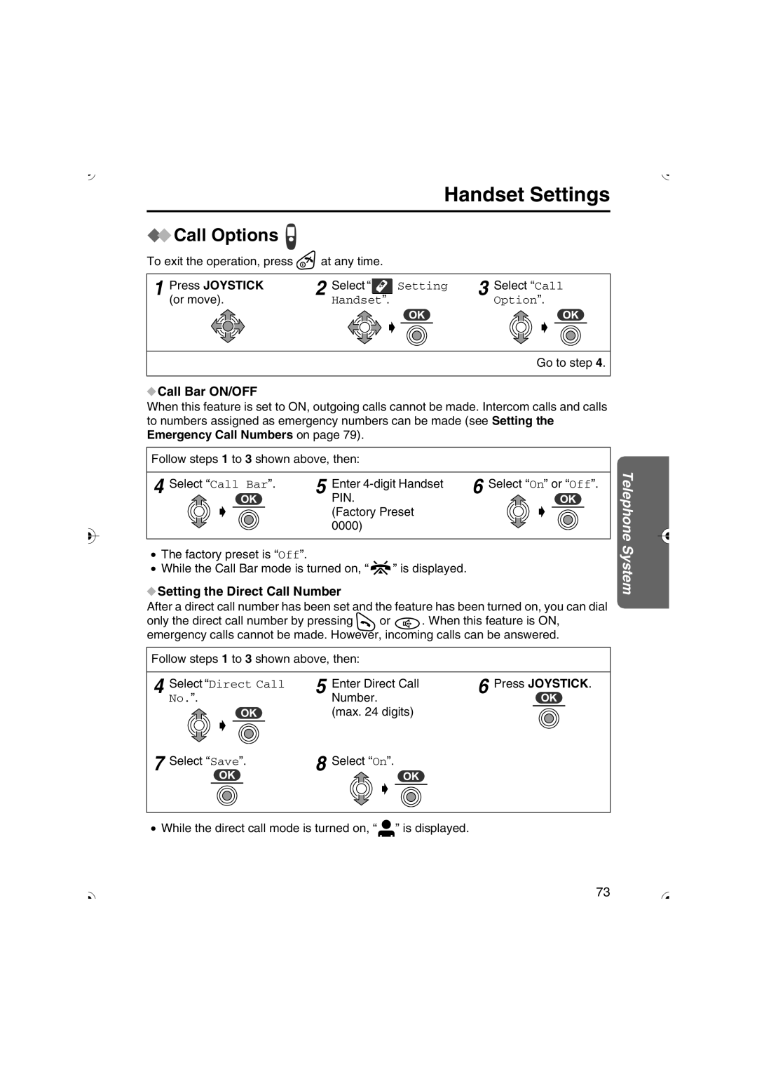 Panasonic KX-TCD535HK operating instructions Call Options, Call Bar ON/OFF, Setting the Direct Call Number 