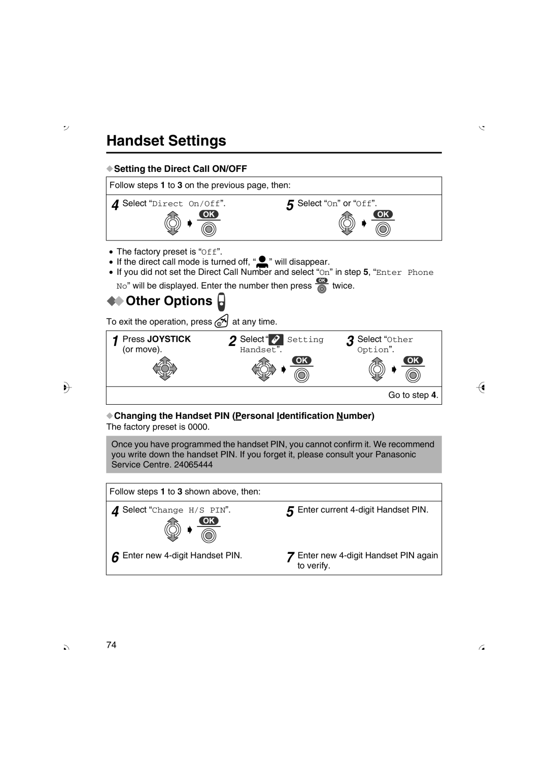 Panasonic KX-TCD535HK Setting the Direct Call ON/OFF, Changing the Handset PIN Personal Identification Number 