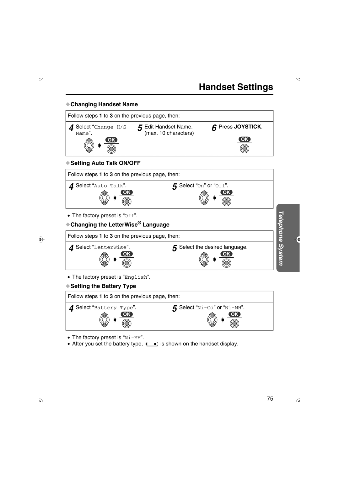 Panasonic KX-TCD535HK Changing Handset Name, Setting Auto Talk ON/OFF, Changing the LetterWise Language 