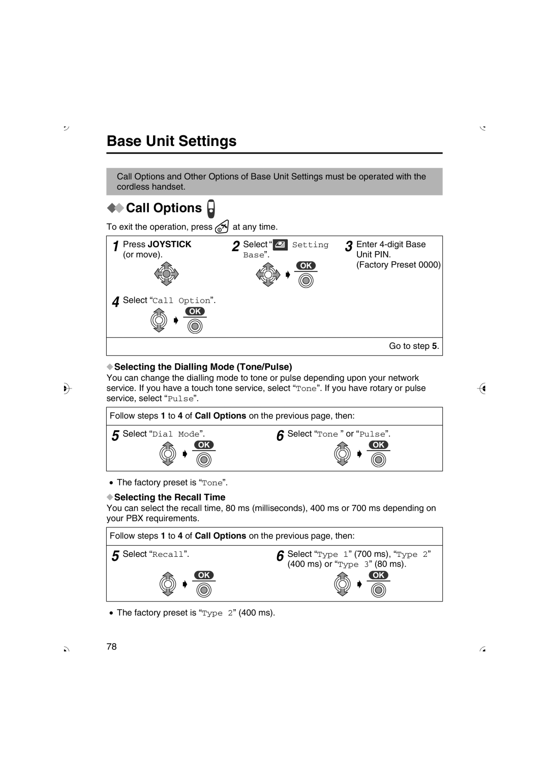 Panasonic KX-TCD535HK Base Unit Settings, Selecting the Dialling Mode Tone/Pulse, Selecting the Recall Time 