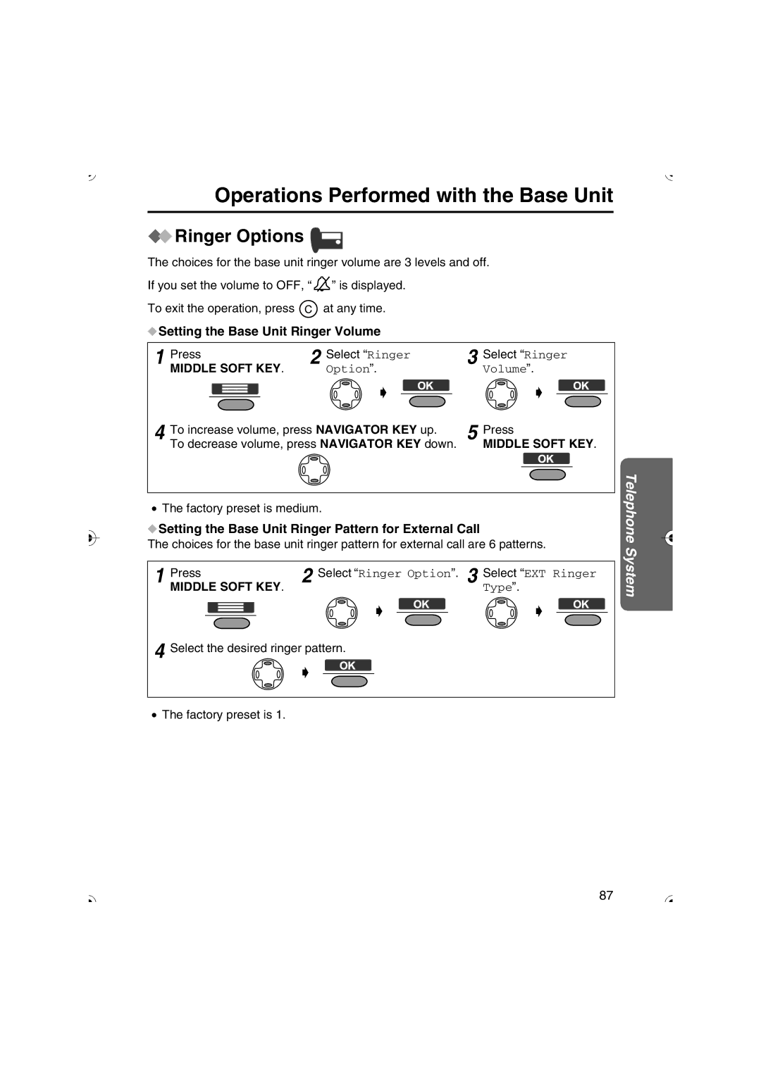 Panasonic KX-TCD535HK Setting the Base Unit Ringer Volume, Setting the Base Unit Ringer Pattern for External Call 