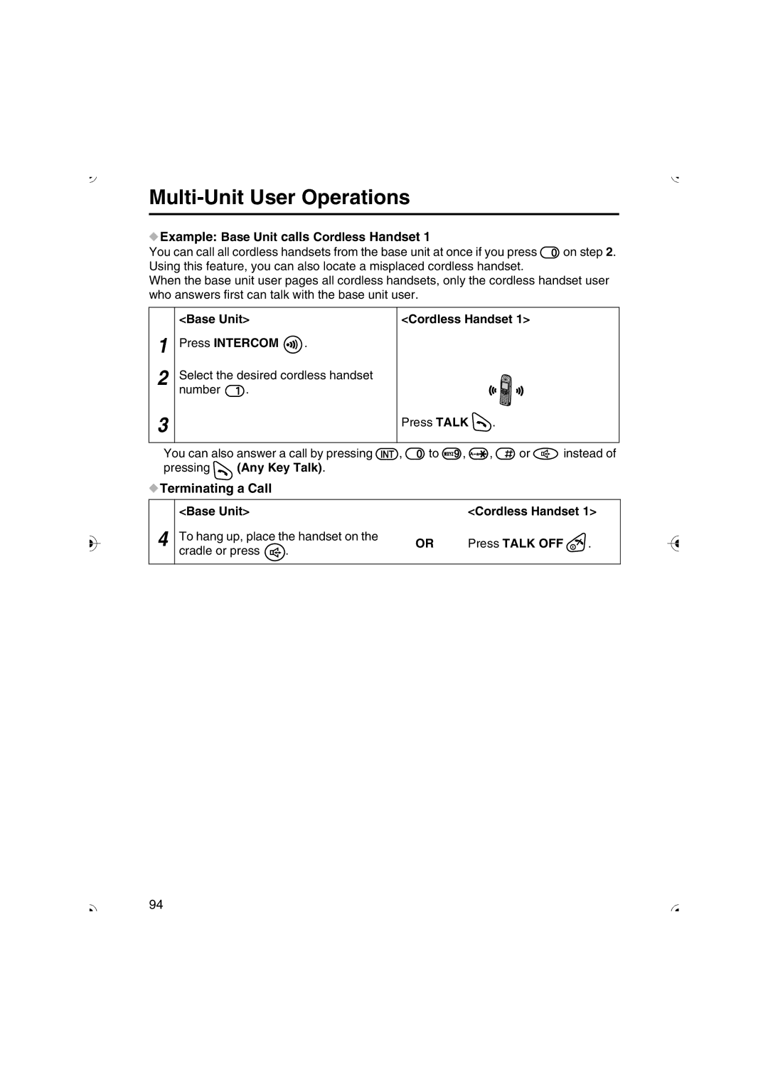 Panasonic KX-TCD535HK operating instructions Example Base Unit calls Cordless Handset, Base Unit Press Intercom 