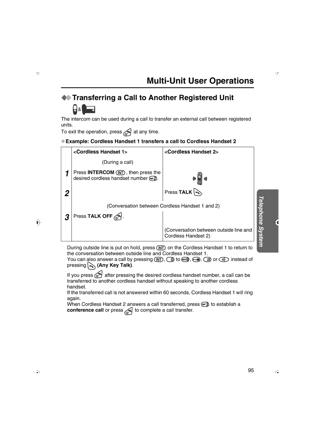 Panasonic KX-TCD535HK operating instructions Transferring a Call to Another Registered Unit, Pressing Any Key Talk 