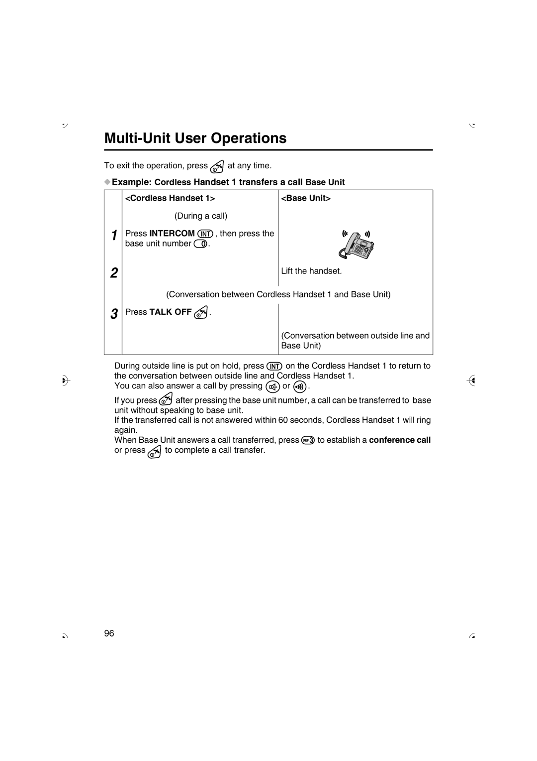 Panasonic KX-TCD535HK operating instructions Example Cordless Handset 1 transfers a call Base Unit 