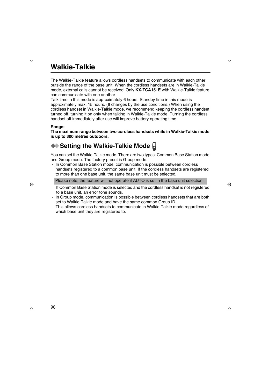 Panasonic KX-TCD535HK operating instructions Setting the Walkie-Talkie Mode 