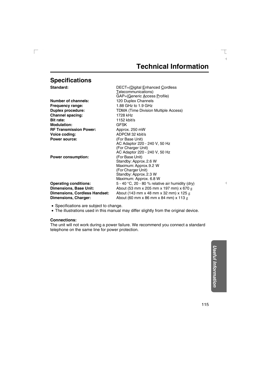 Panasonic KX-TCD540AL operating instructions Technical Information, Specifications, Connections 