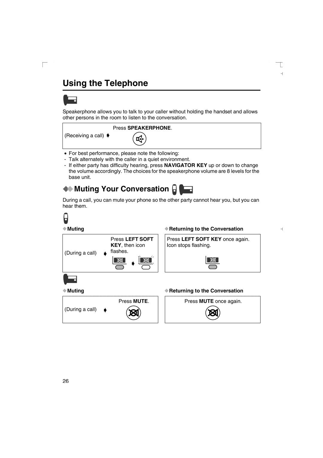 Panasonic KX-TCD540AL operating instructions Muting Your Conversation, Press Speakerphone, Returning to the Conversation 