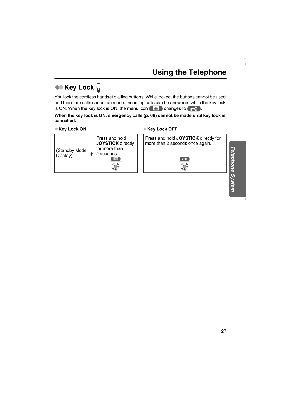 Panasonic KX-TCD540AL operating instructions Joystick directly, Key Lock OFF 