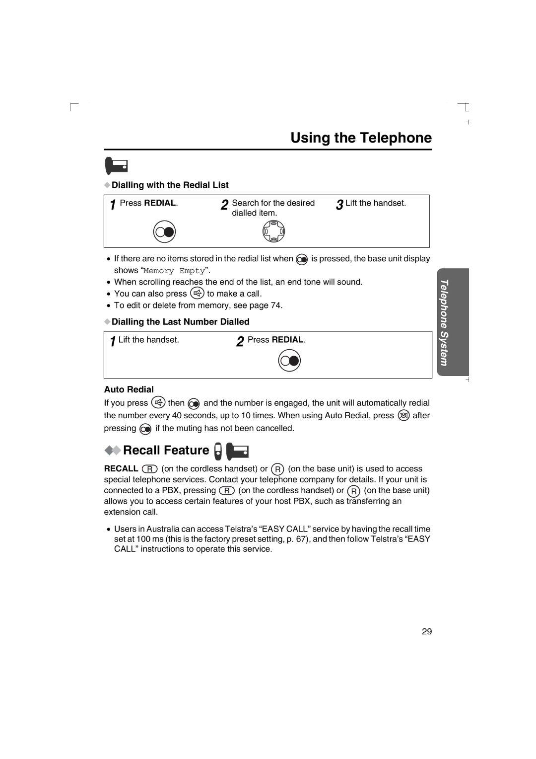 Panasonic KX-TCD540AL operating instructions Recall Feature, Dialling with the Redial List 