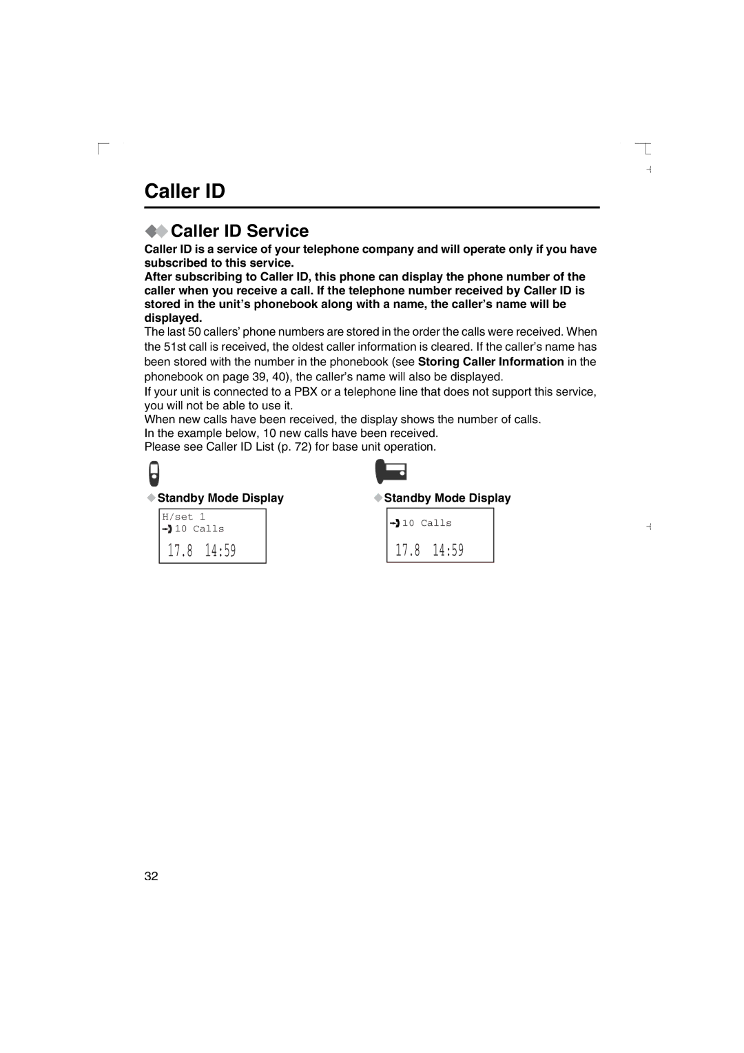 Panasonic KX-TCD540AL operating instructions Caller ID Service, Standby Mode Display 