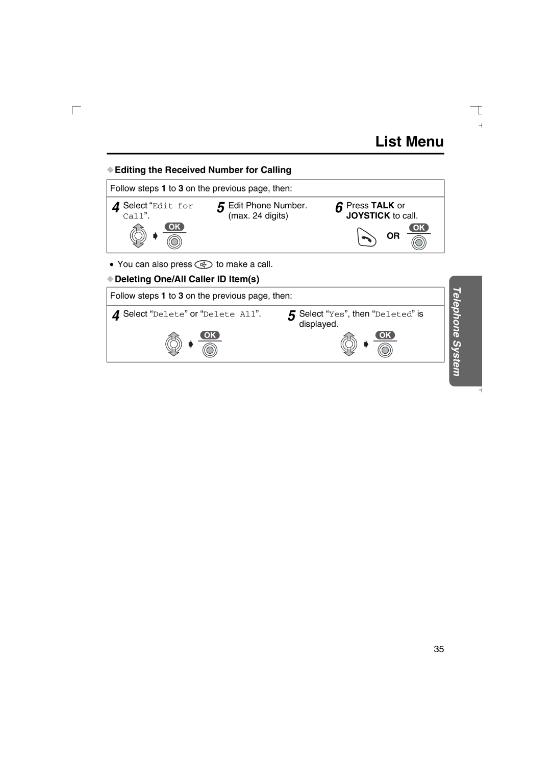 Panasonic KX-TCD540AL Editing the Received Number for Calling, Joystick to call, Deleting One/All Caller ID Items 