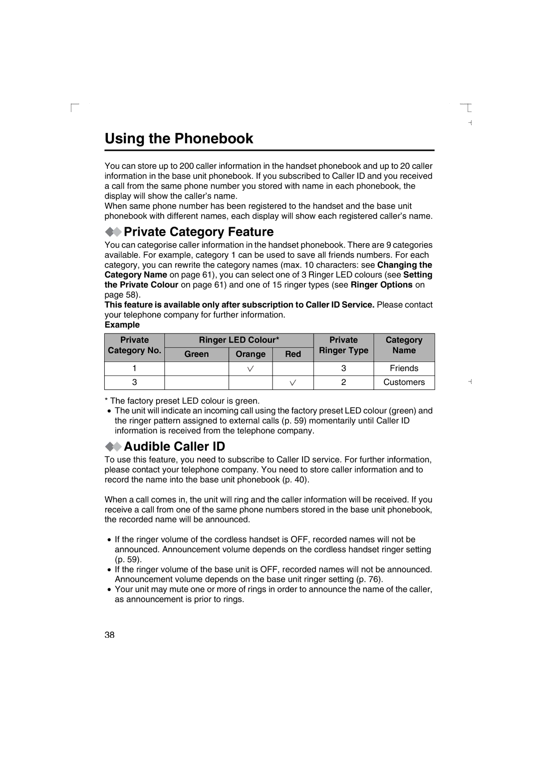 Panasonic KX-TCD540AL operating instructions Using the Phonebook, Private Category Feature, Audible Caller ID 