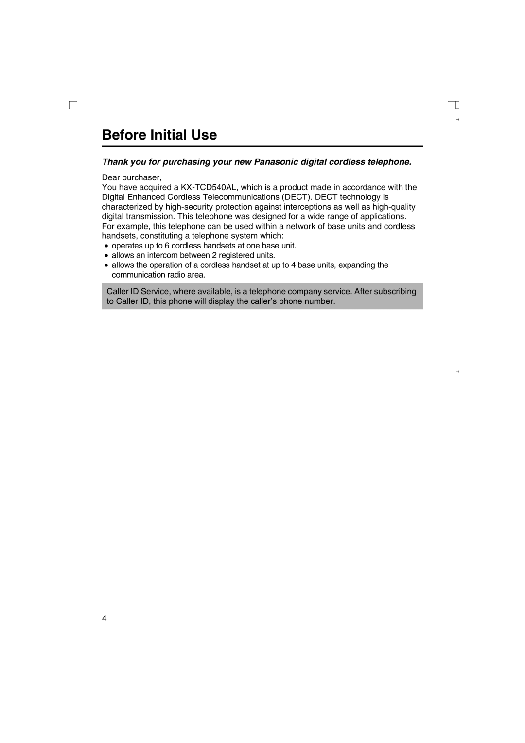 Panasonic KX-TCD540AL operating instructions Before Initial Use 