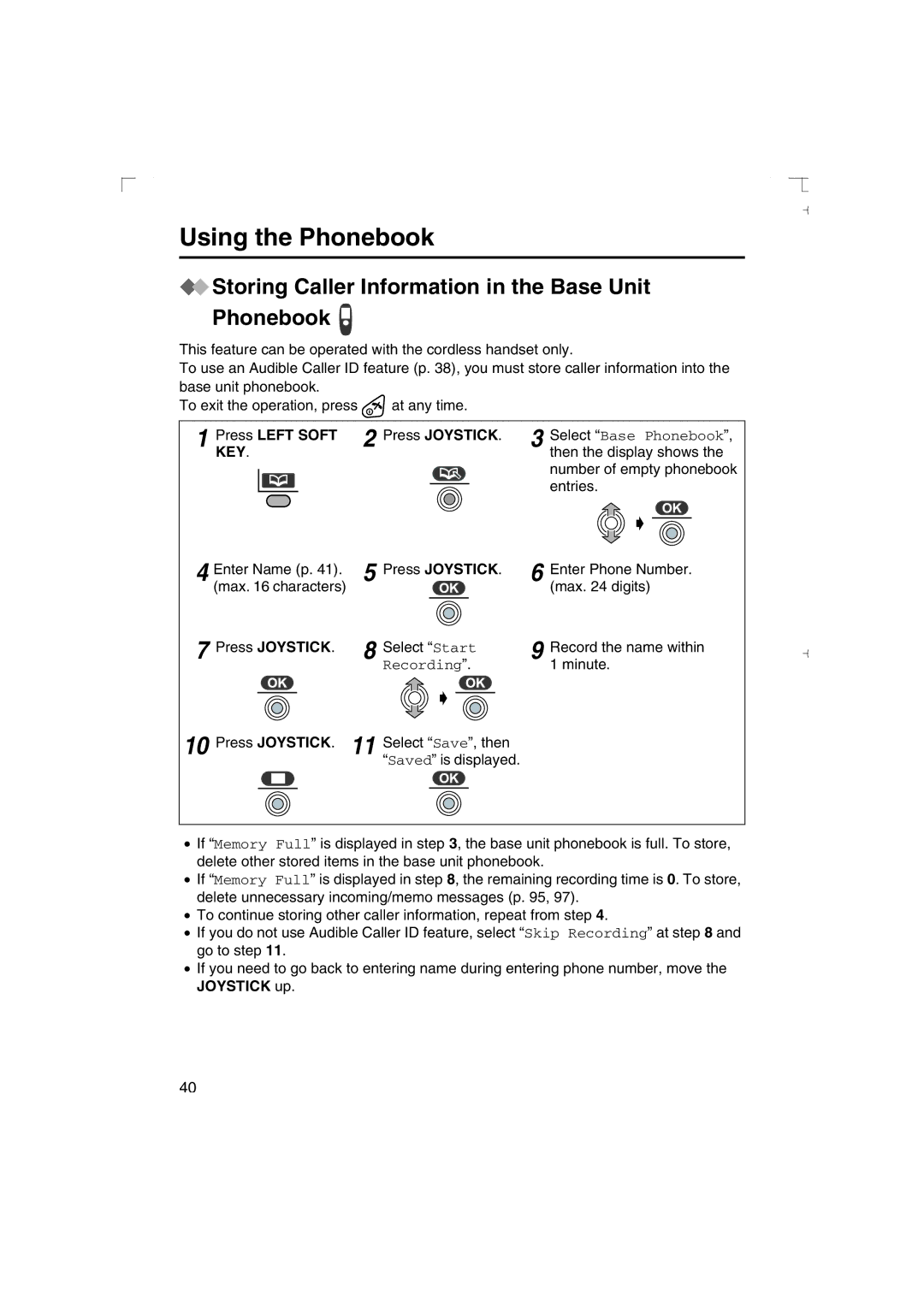 Panasonic KX-TCD540AL operating instructions Storing Caller Information in the Base Unit Phonebook, Recording 