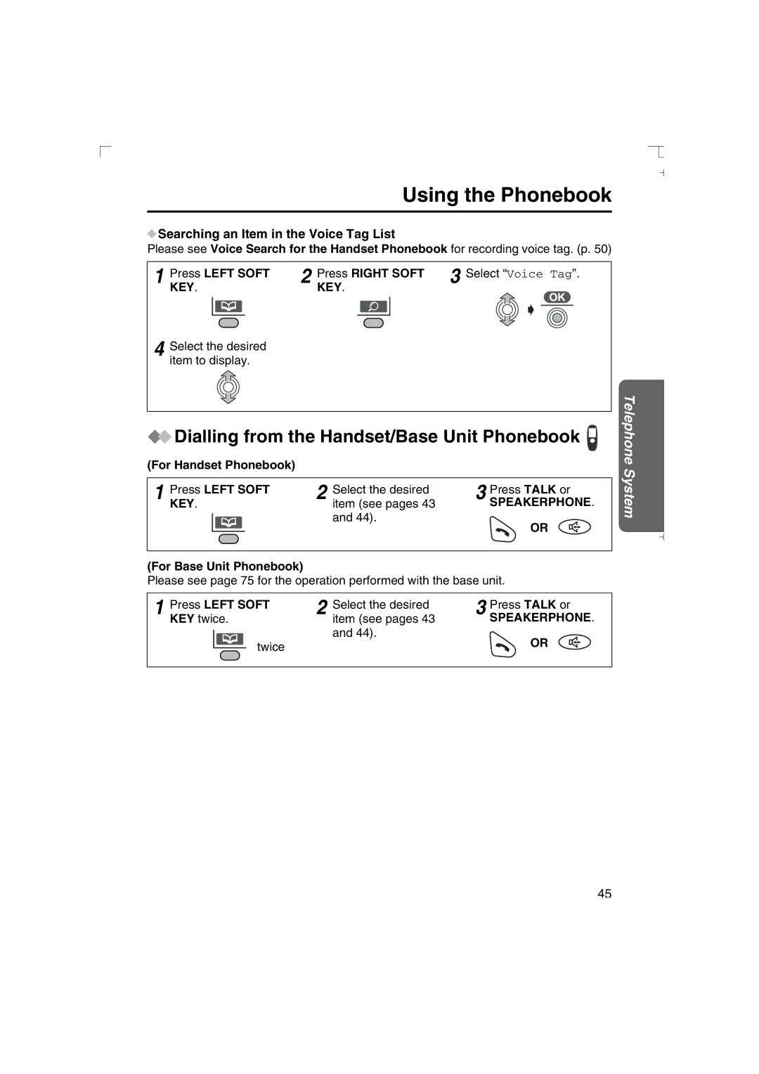 Panasonic KX-TCD540AL Dialling from the Handset/Base Unit Phonebook, Searching an Item in the Voice Tag List 