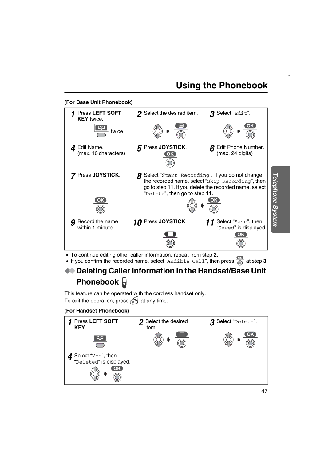 Panasonic KX-TCD540AL operating instructions For Base Unit Phonebook Press Left Soft 