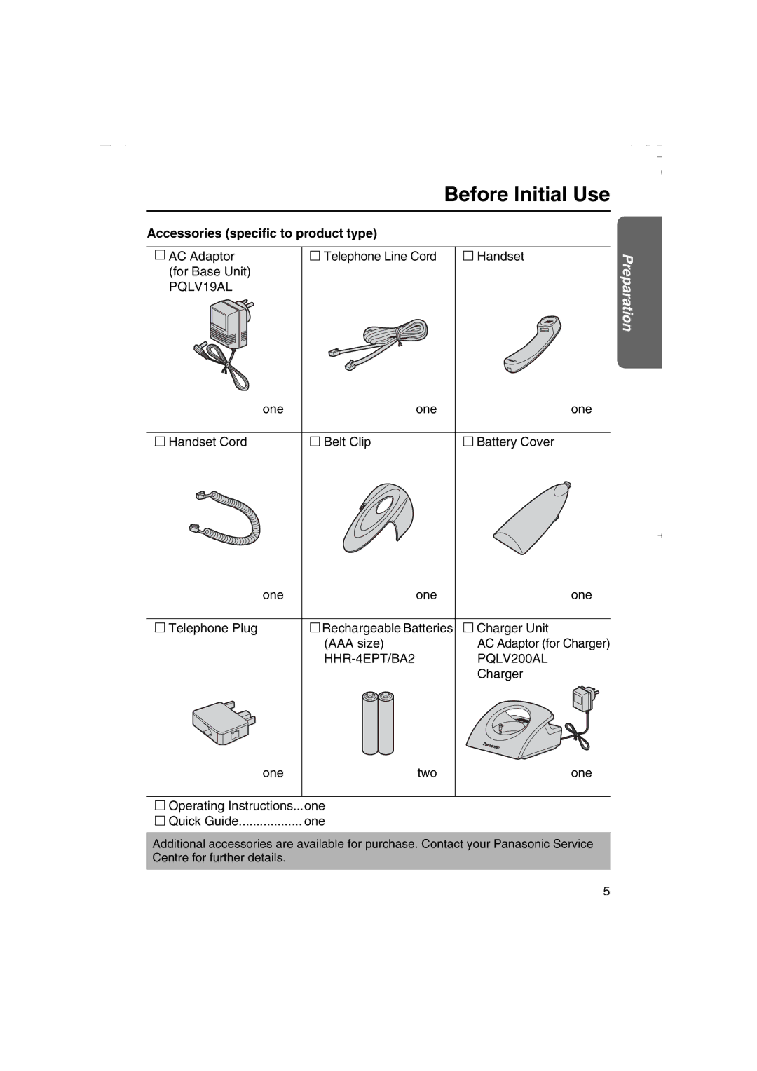 Panasonic KX-TCD540AL operating instructions Accessories specific to product type, PQLV19AL 