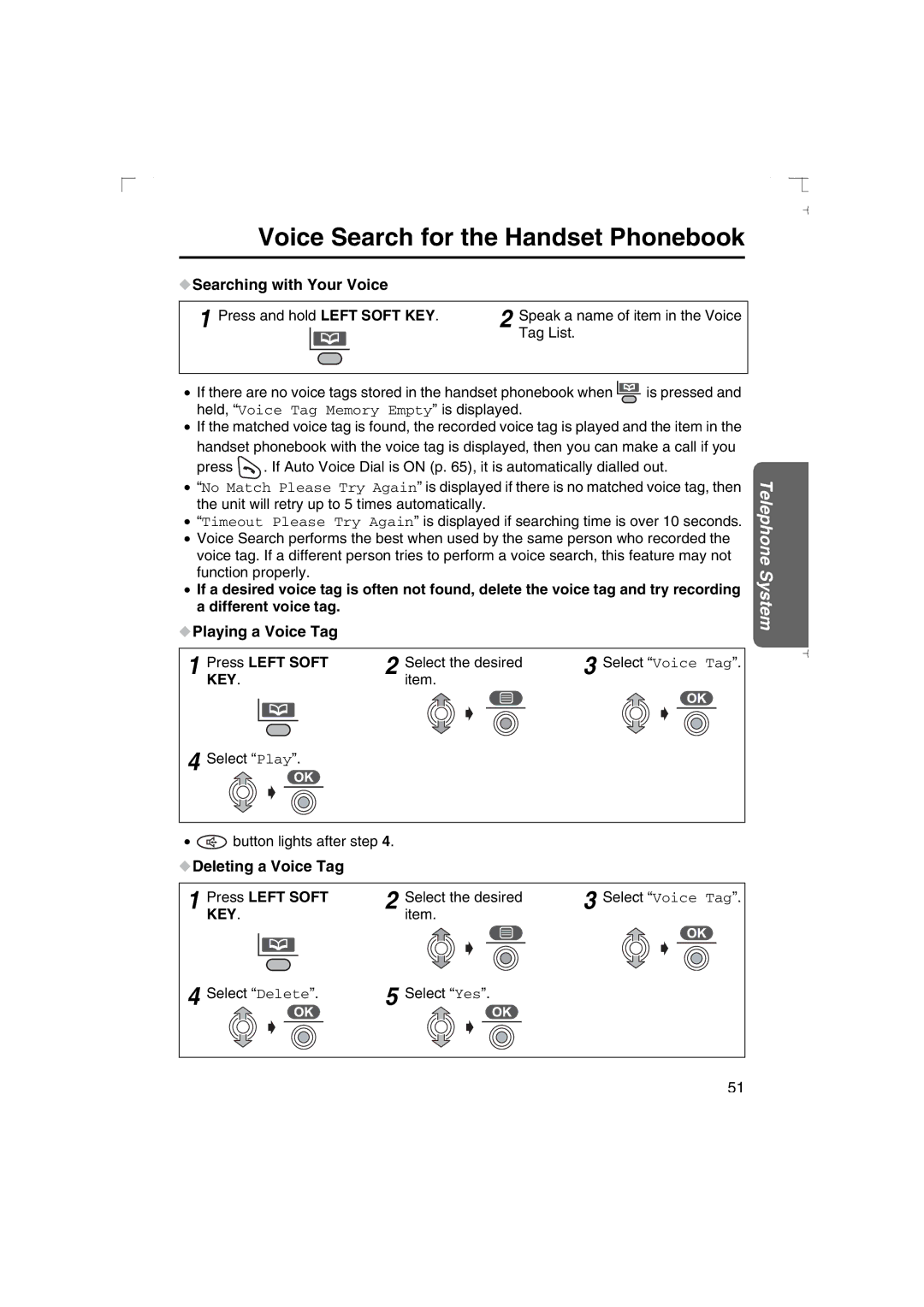 Panasonic KX-TCD540AL operating instructions Searching with Your Voice, Deleting a Voice Tag Press Left Soft 