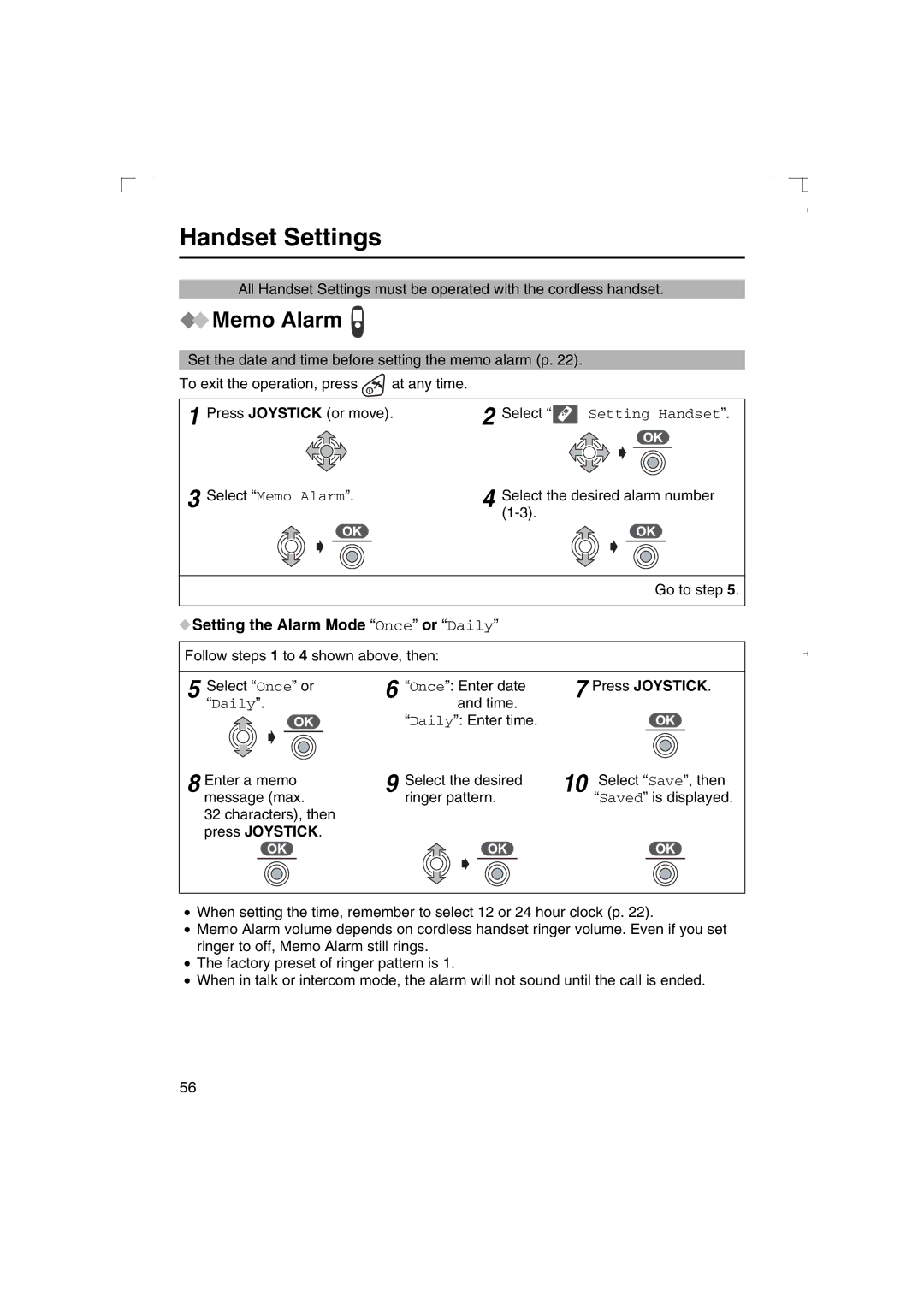 Panasonic KX-TCD540AL operating instructions Handset Settings, Memo Alarm, Setting the Alarm Mode Once or Daily 