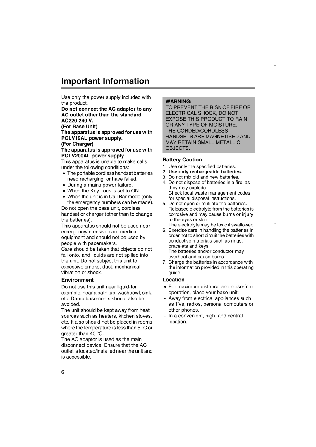 Panasonic KX-TCD540AL operating instructions Important Information, Environment, Battery Caution, Location 