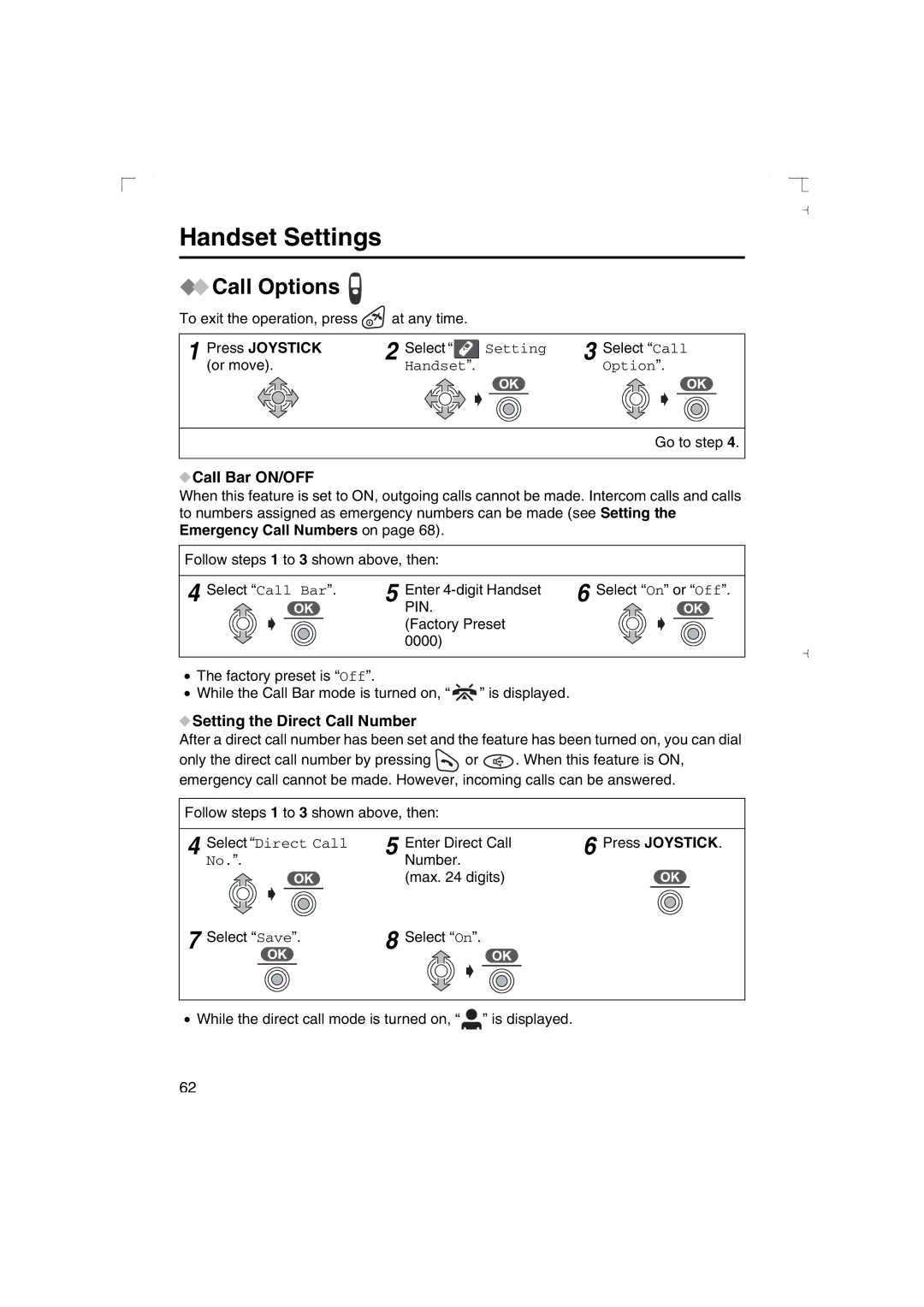 Panasonic KX-TCD540AL Call Options, Call Bar ON/OFF, Setting the Direct Call Number, Select Direct Call 