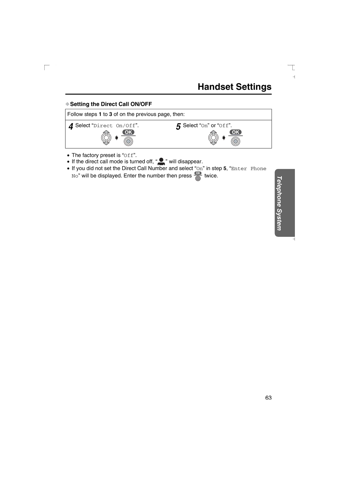 Panasonic KX-TCD540AL operating instructions Setting the Direct Call ON/OFF, Select Direct On/Off 