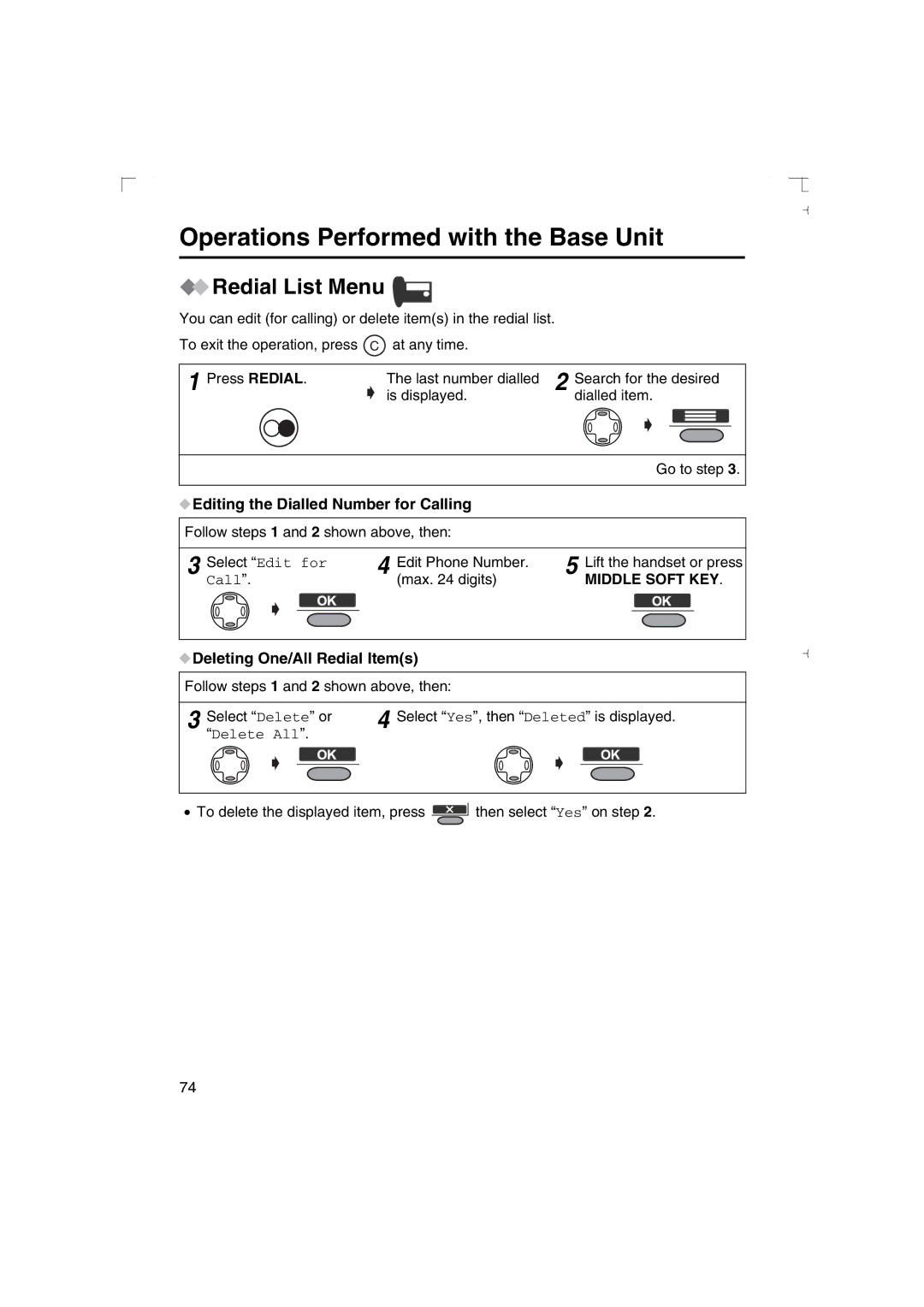 Panasonic KX-TCD540AL operating instructions Follow steps 1 and 2 shown above, then Select Delete or 