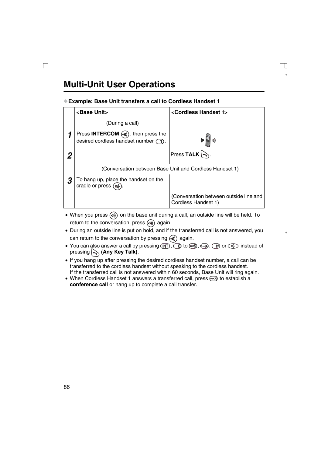 Panasonic KX-TCD540AL operating instructions Example Base Unit transfers a call to Cordless Handset 