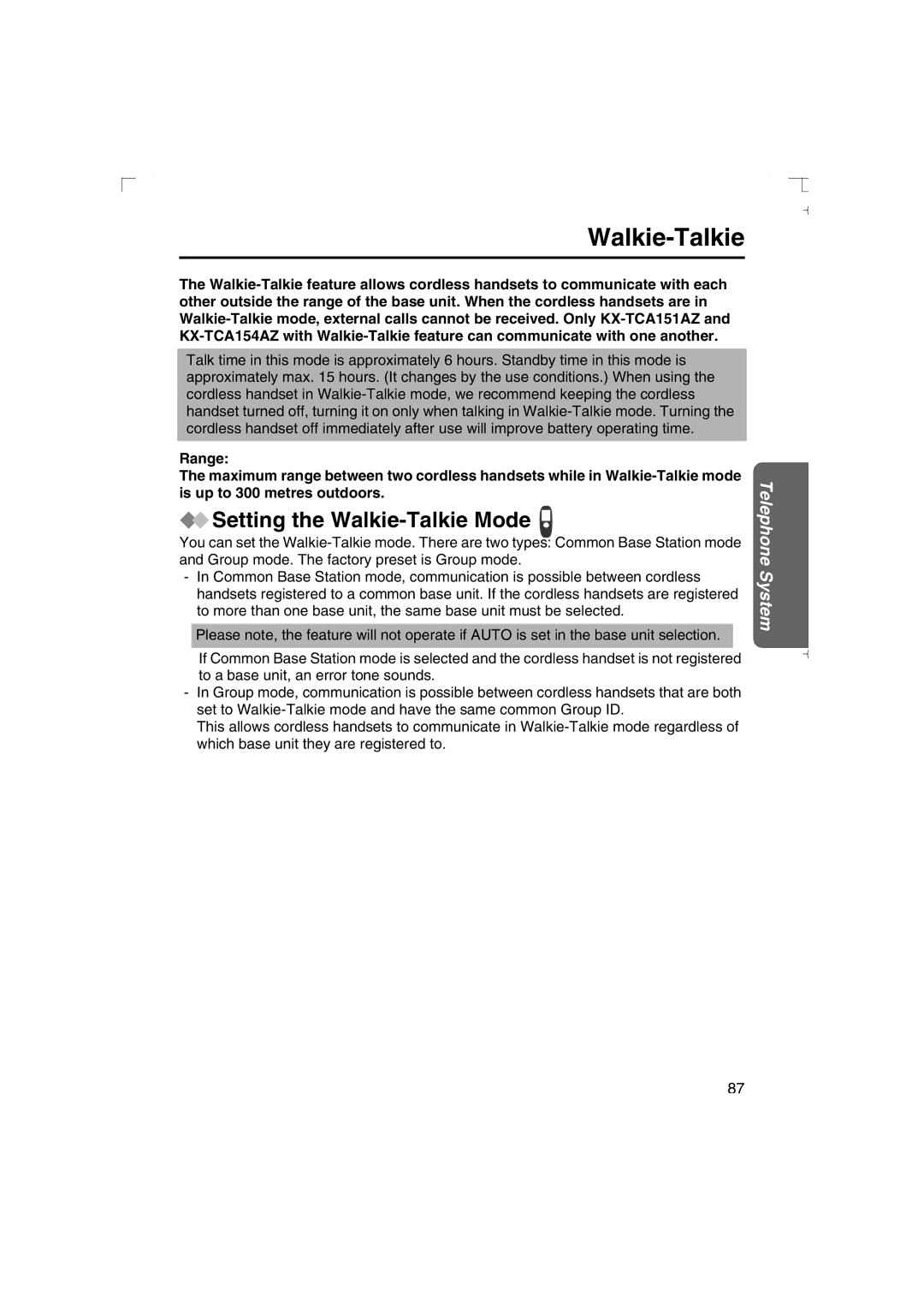 Panasonic KX-TCD540AL operating instructions Setting the Walkie-Talkie Mode 