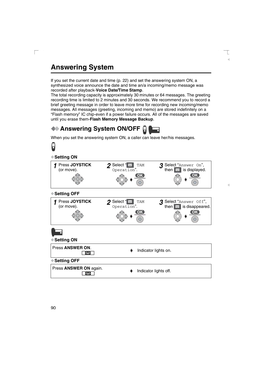 Panasonic KX-TCD540AL Answering System ON/OFF, Setting on Press Joystick, Setting OFF Press Joystick 