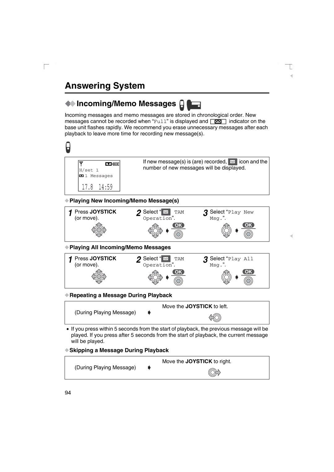 Panasonic KX-TCD540AL Playing New Incoming/Memo Messages Press Joystick, Repeating a Message During Playback 