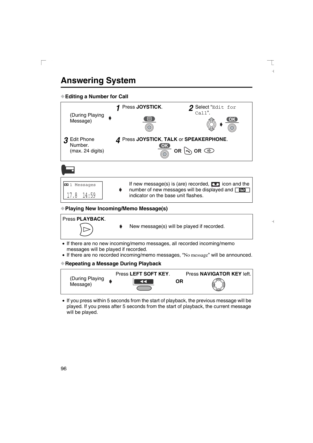 Panasonic KX-TCD540AL Editing a Number for Call Press Joystick, Press Joystick , Talk or Speakerphone 