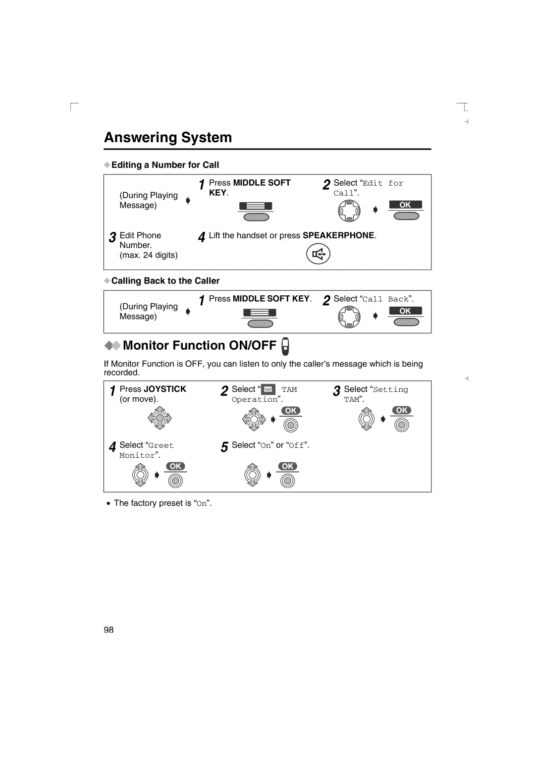 Panasonic KX-TCD540AL Monitor Function ON/OFF, Editing a Number for Call Press Middle Soft, Operation TAM 