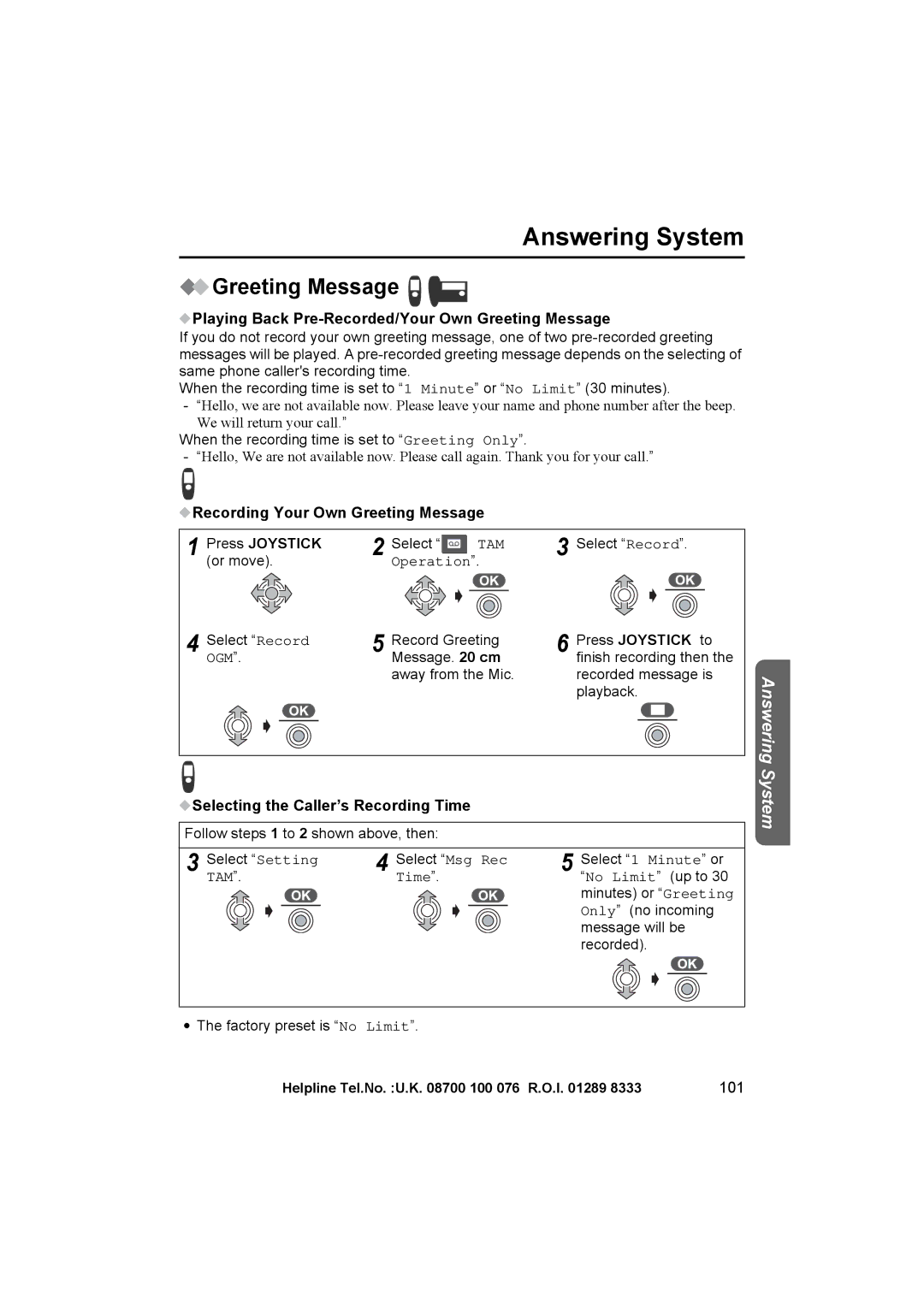 Panasonic KX-TCD545E Playing Back Pre-Recorded/Your Own Greeting Message, Selecting the Caller’s Recording Time, 101 