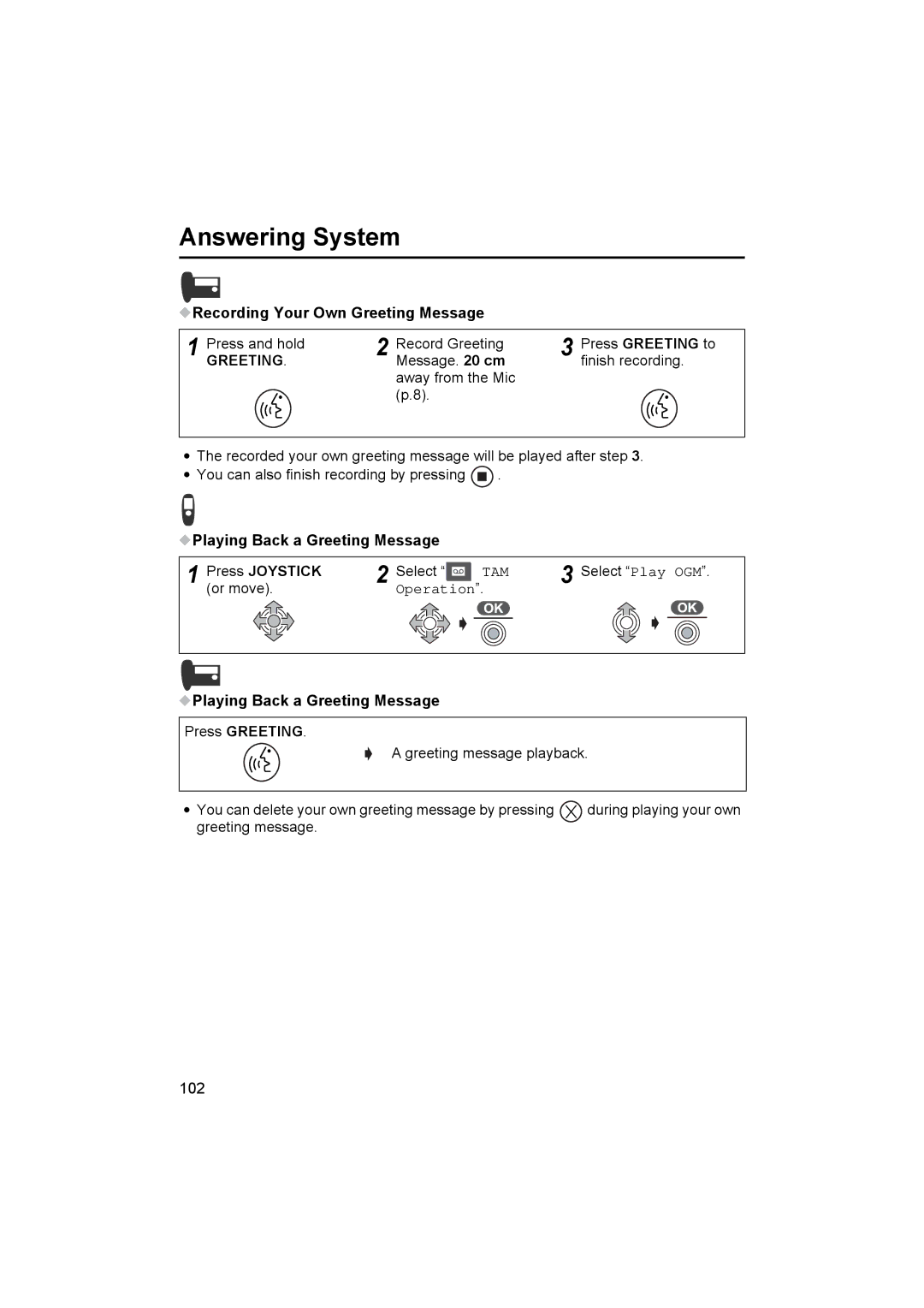 Panasonic KX-TCD545E Recording Your Own Greeting Message, Playing Back a Greeting Message Press Joystick 