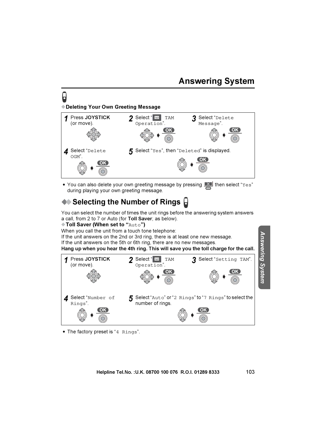 Panasonic KX-TCD545E Selecting the Number of Rings, Deleting Your Own Greeting Message Press Joystick, 103 