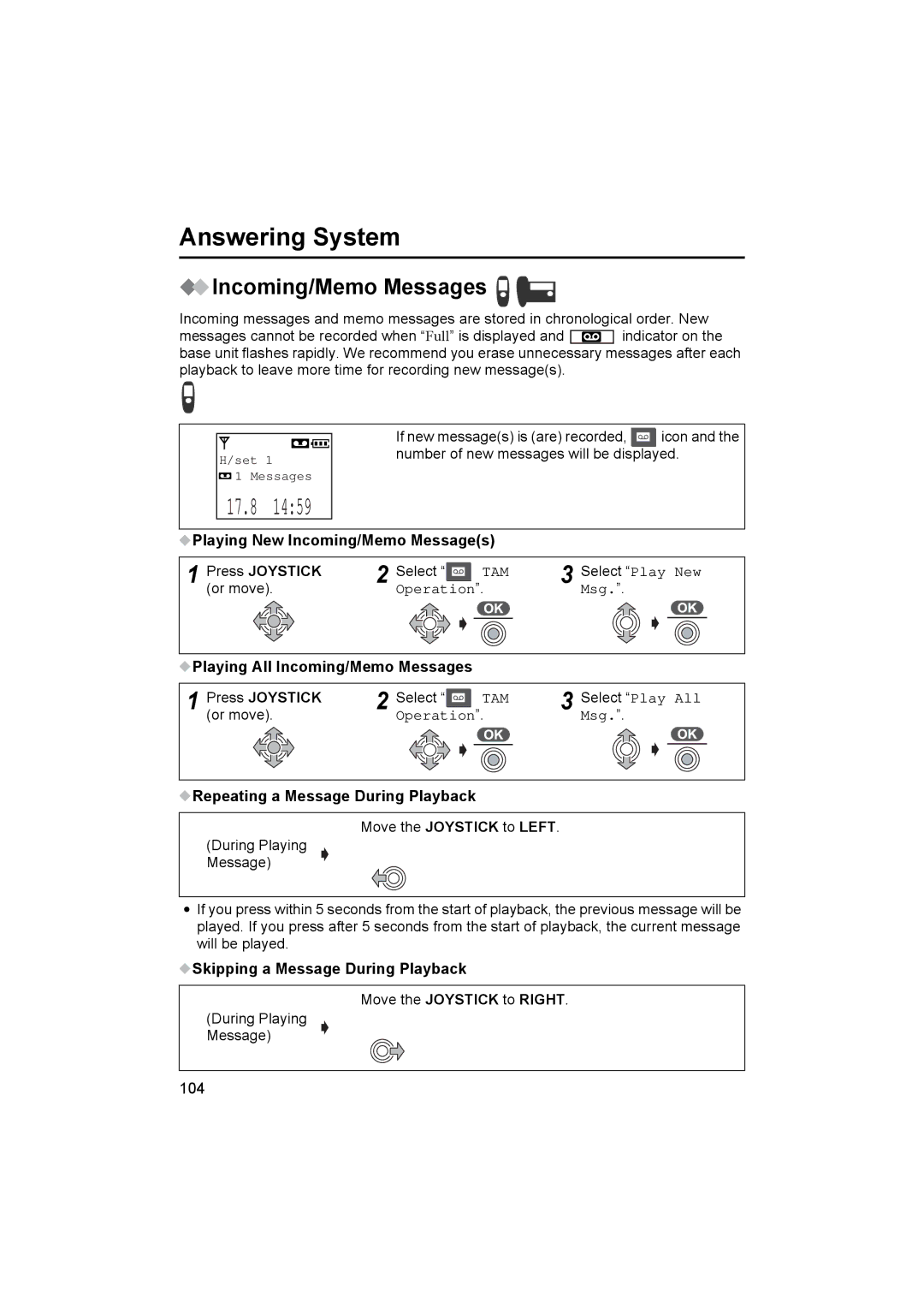 Panasonic KX-TCD545E Playing New Incoming/Memo Messages Press Joystick, Msg, Repeating a Message During Playback 