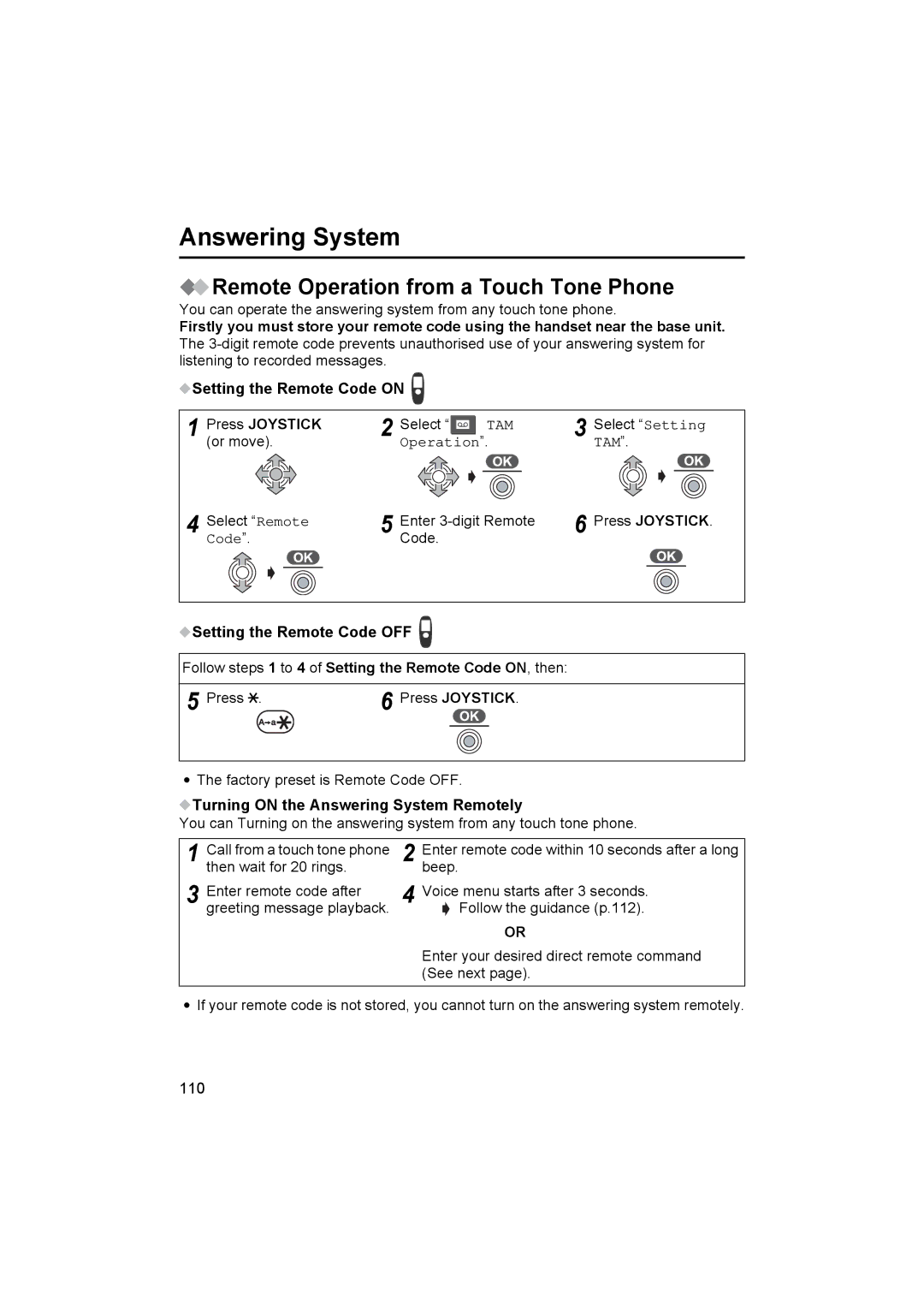 Panasonic KX-TCD545E Remote Operation from a Touch Tone Phone, Tam, Code, Turning on the Answering System Remotely 