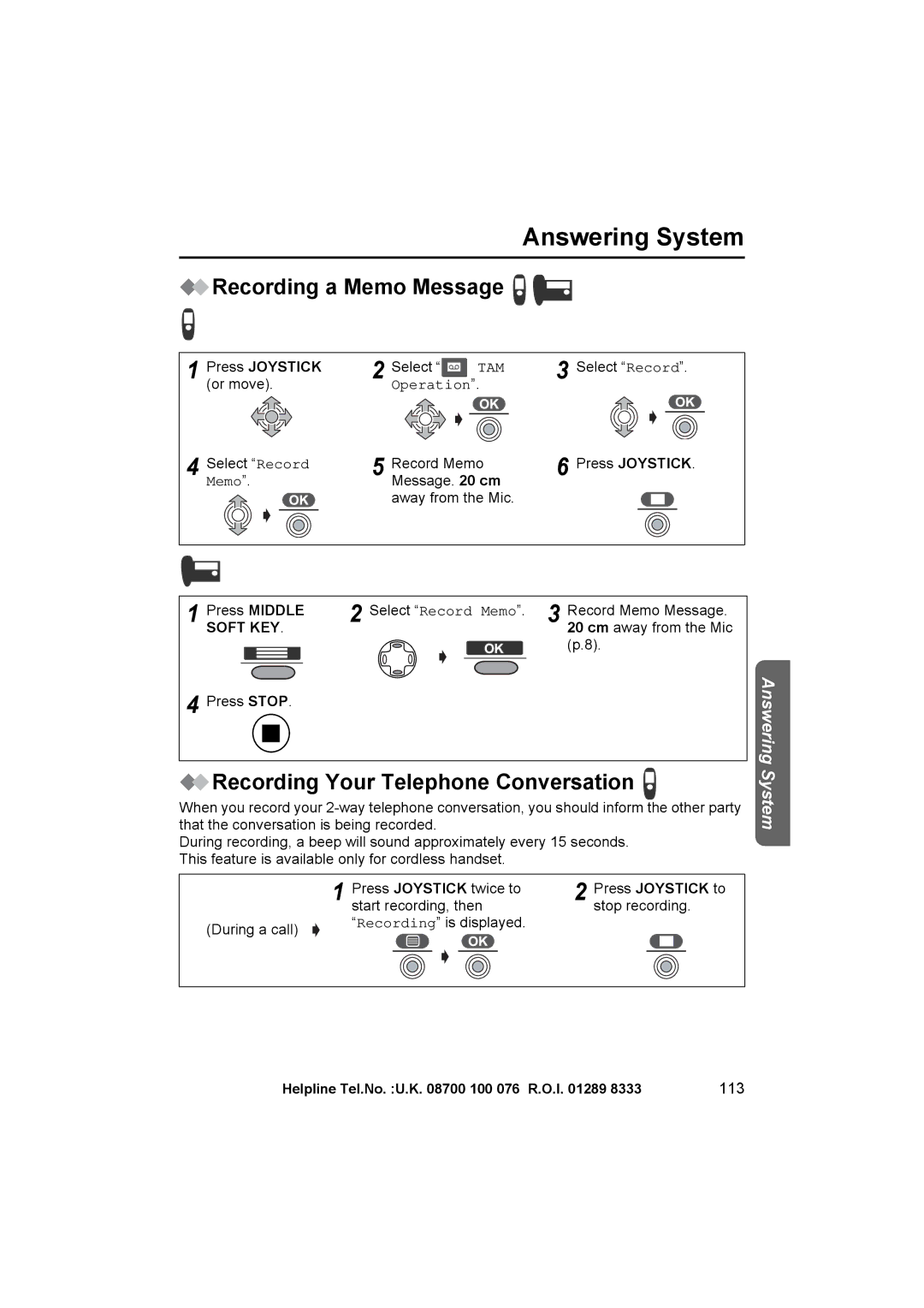 Panasonic KX-TCD545E operating instructions Recording a Memo Message, Recording Your Telephone Conversation, 113 