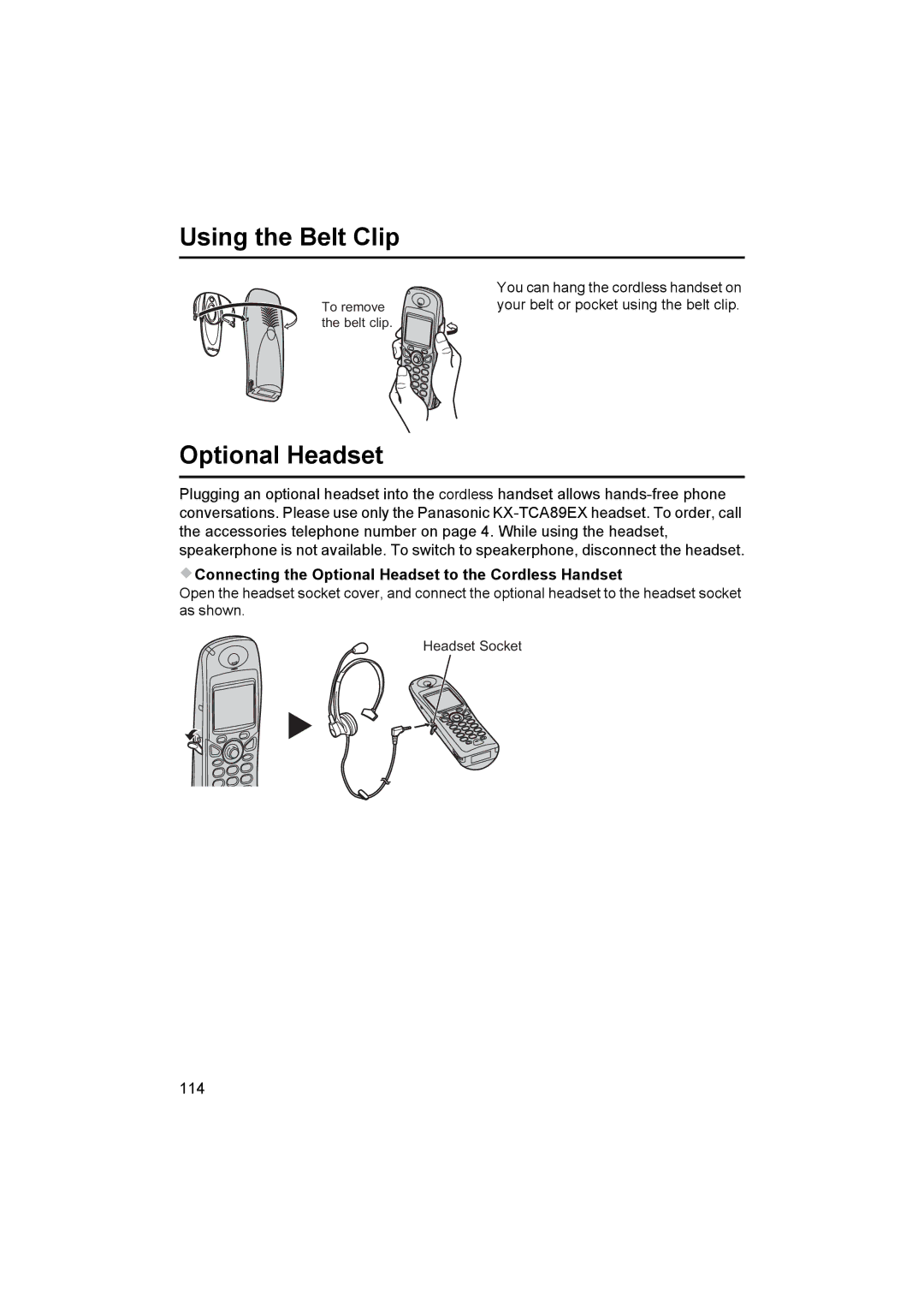 Panasonic KX-TCD545E Using the Belt Clip, Connecting the Optional Headset to the Cordless Handset 