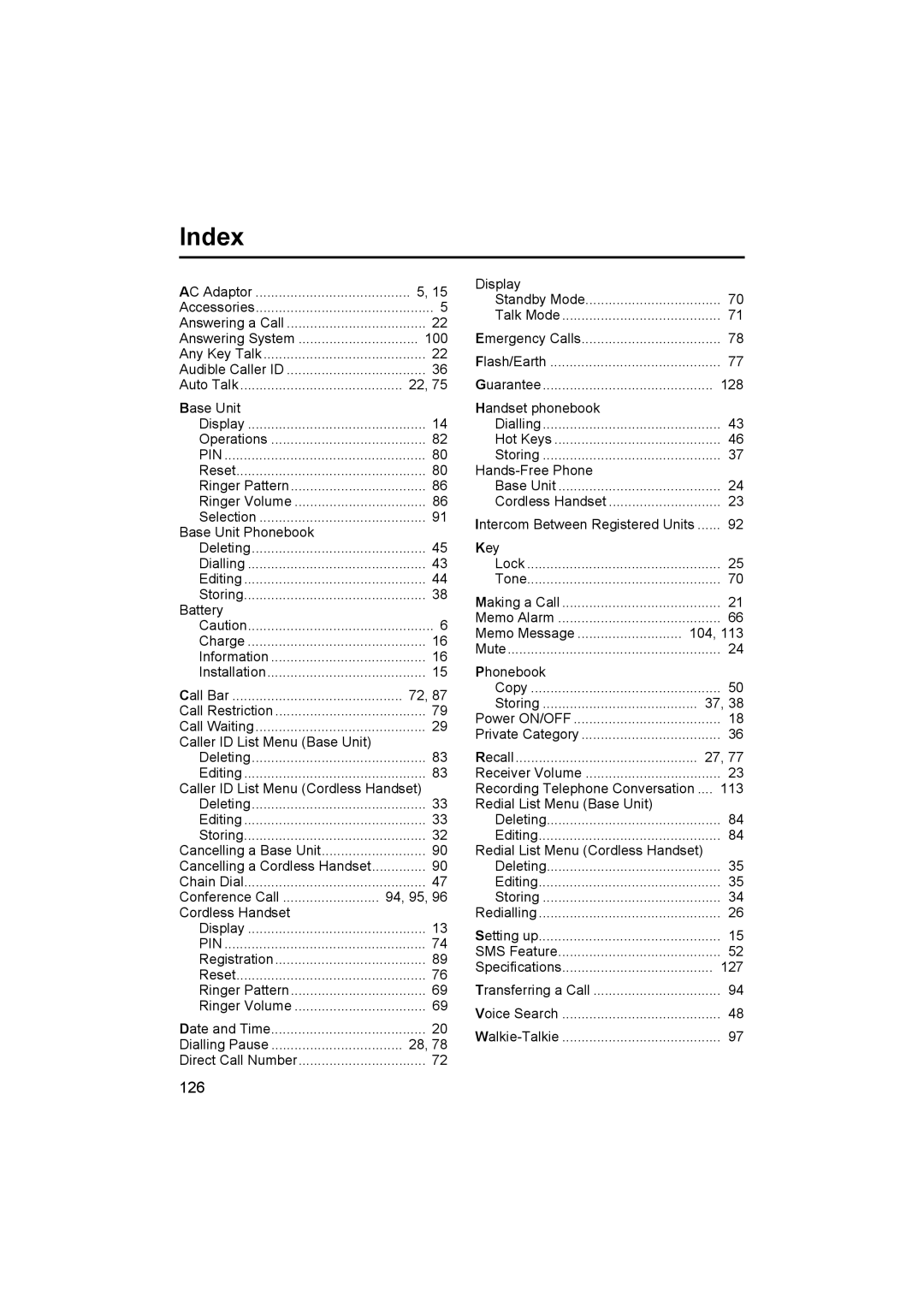 Panasonic KX-TCD545E operating instructions Index 