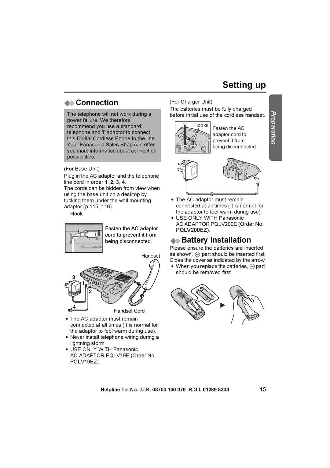 Panasonic KX-TCD545E operating instructions Setting up, Connection, Battery Installation 