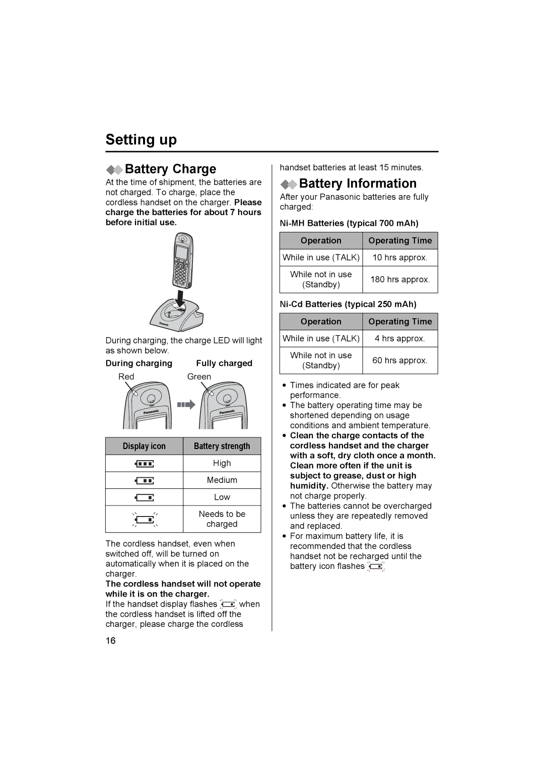 Panasonic KX-TCD545E operating instructions Battery Charge, Battery Information 