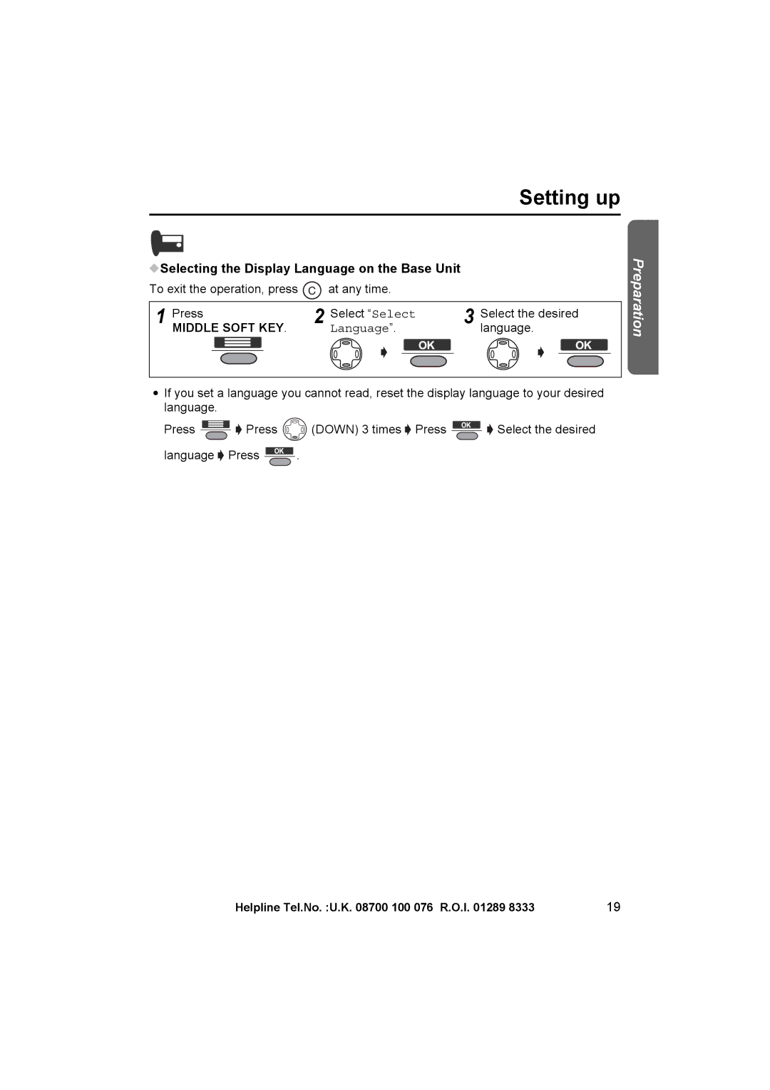 Panasonic KX-TCD545E operating instructions Selecting the Display Language on the Base Unit, Middle Soft KEY 