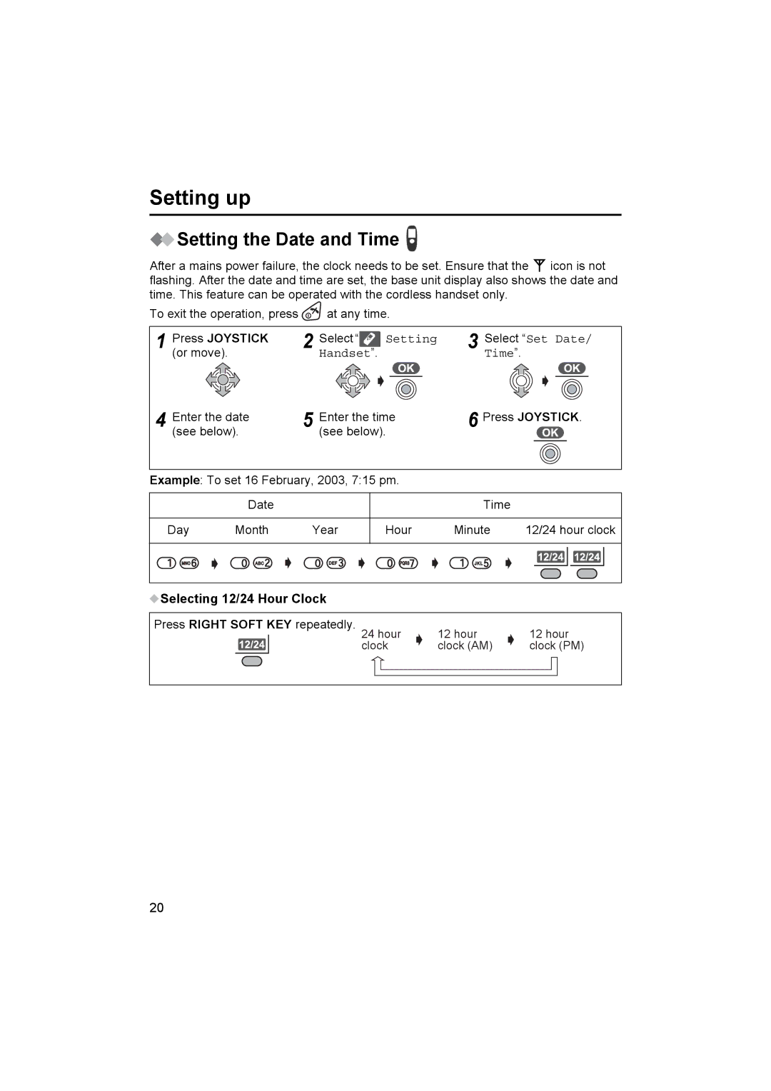 Panasonic KX-TCD545E Setting the Date and Time, Handset Time, Selecting 12/24 Hour Clock Press Right Soft 