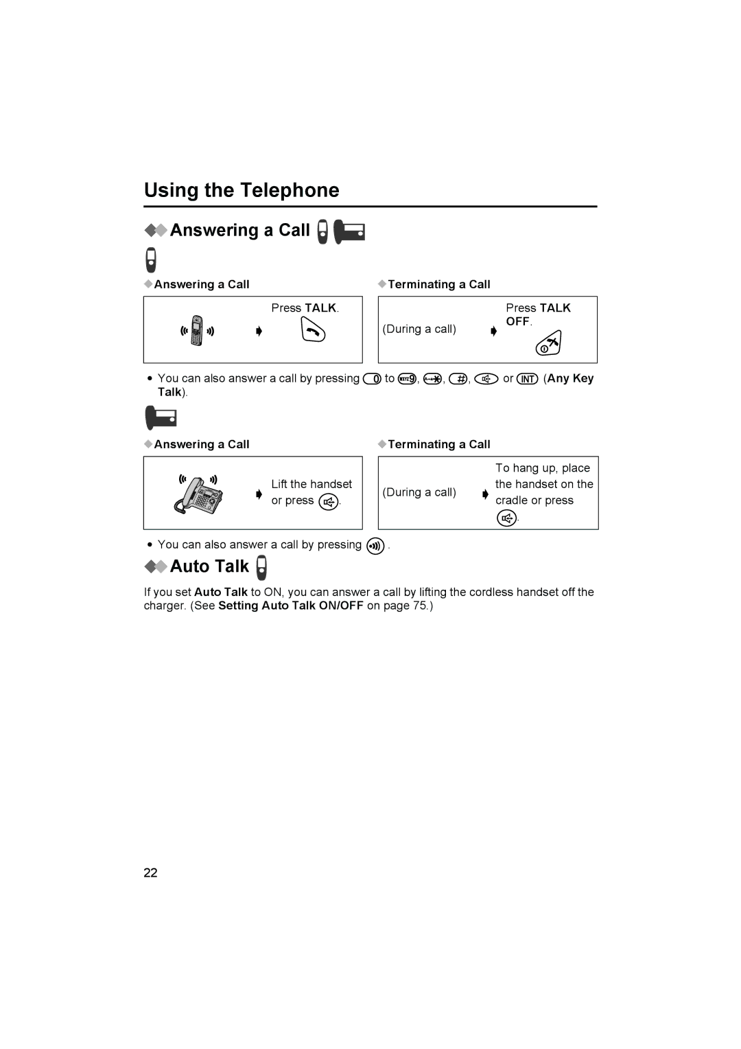 Panasonic KX-TCD545E operating instructions Answering a Call, Auto Talk, Terminating a Call 