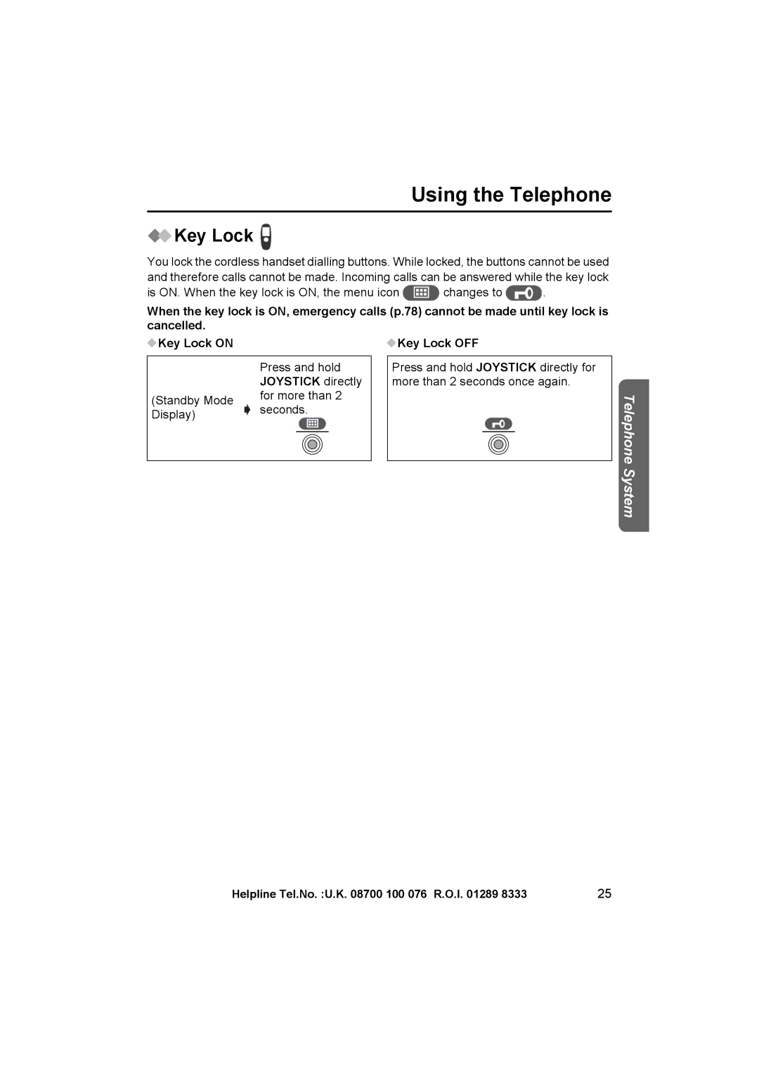 Panasonic KX-TCD545E operating instructions Joystick directly, Key Lock OFF 