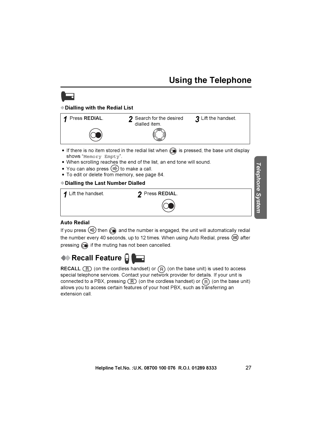 Panasonic KX-TCD545E operating instructions Recall Feature, Dialling with the Redial List 